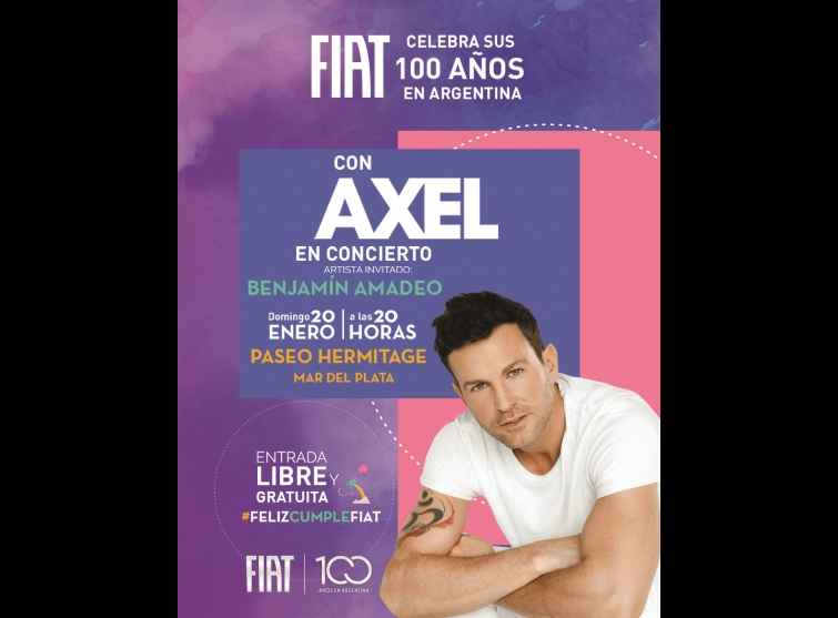 Portada de Con un recital de Axel en Mar del Plata, Fiat abre los festejos por sus 100 años en Argentina